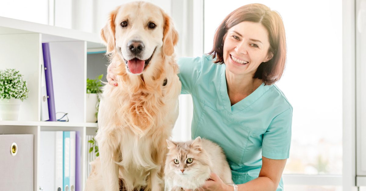 female vet petting dog and cat during vet happy visits
