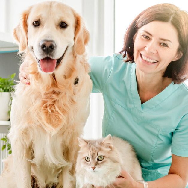 female vet petting dog and cat during vet happy visits