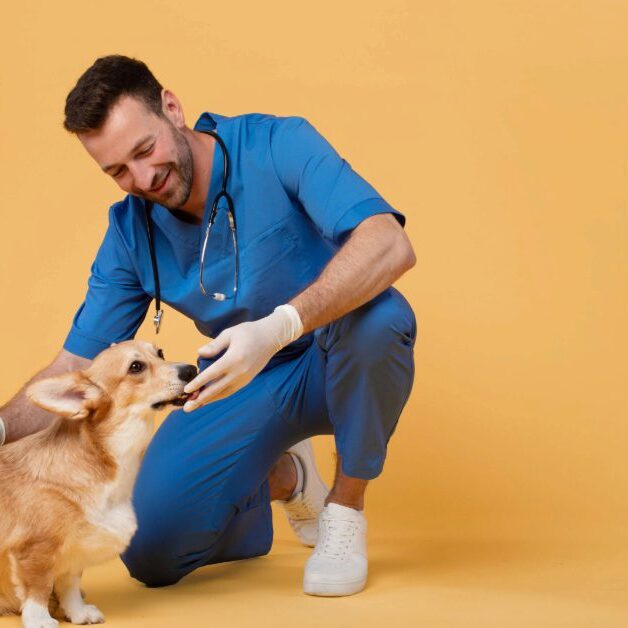 male vet feeding corgi dog treats during low-stress vet visits